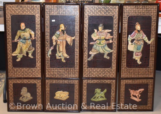 (4) Oriental 36" screen panels with handcarved warriors and animal symbols