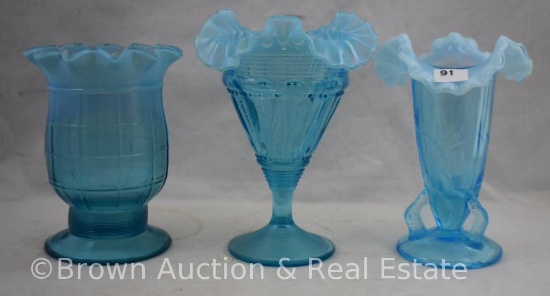 (3) Blue opalescent vases