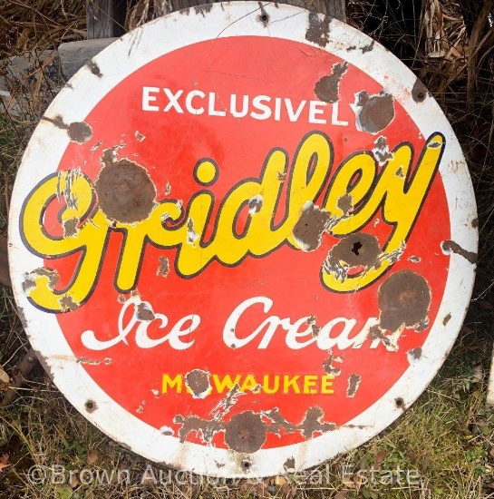 "Gridley Ice Cream" single sided porcelain advertising sign