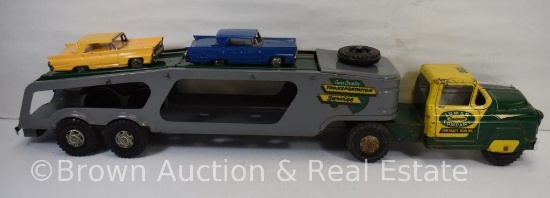 Marx Dodge cab Lumar "Cross Country Transportation Service" car hauler with (2) Lincoln cars