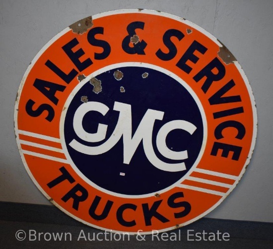 GMC Trucks/Sales and Service dbl. sided porcelain advertising sign