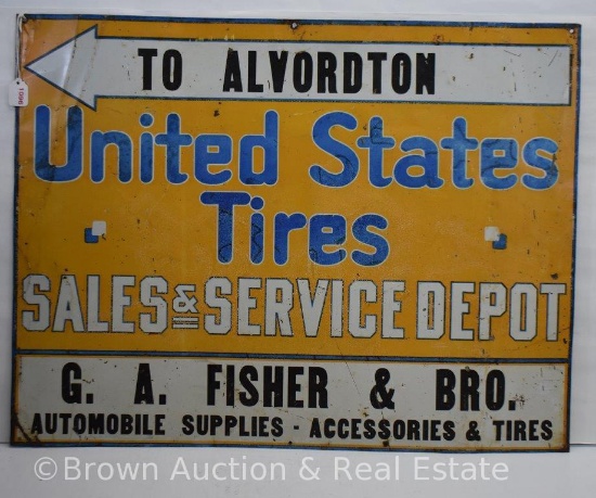 "United States Tires Sales and Service Depot" tin advertising sign