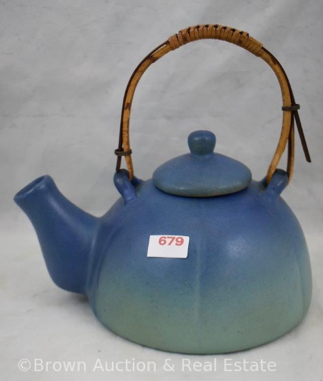 VanBriggle 1920's blue tea pot, original braided handle