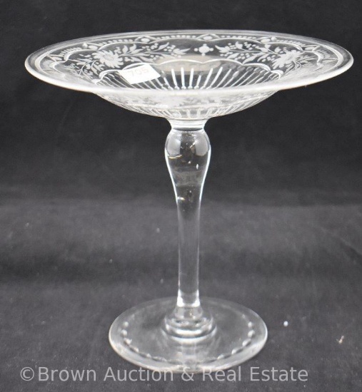 Elegant 7"h flat compote with etched pattern