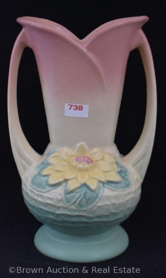 Hull Water Lily L-10-9.5" vase, pink/green