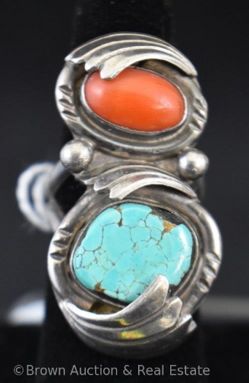 Man's turquoise and coral ring