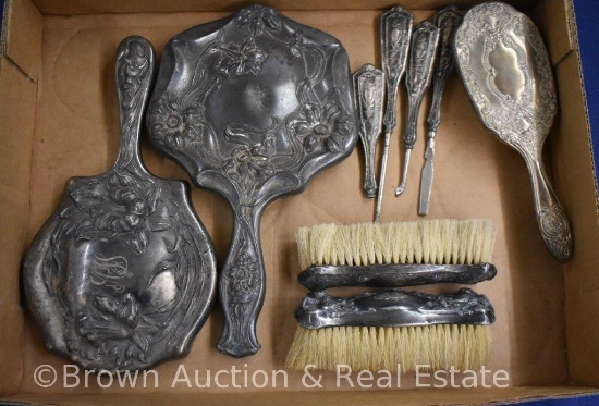 Dresser items - hand mirrors, clothes brushes, hair brush, nail tools