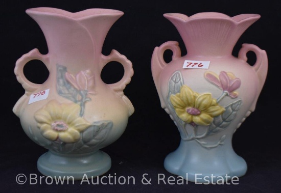 (2) Hull Magnolia 6.25" vases, pink/blue