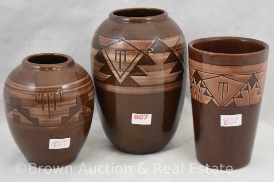 (2) Native American carved red clay vases and (1) tumbler, 2 are signed