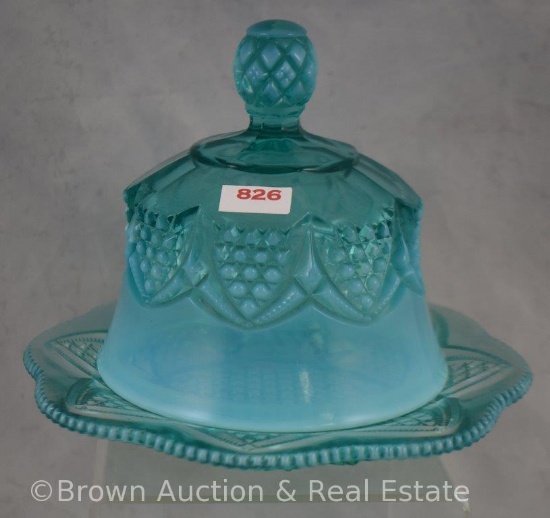 Fenton teal opalescent Button and Arches cov. Butter dish