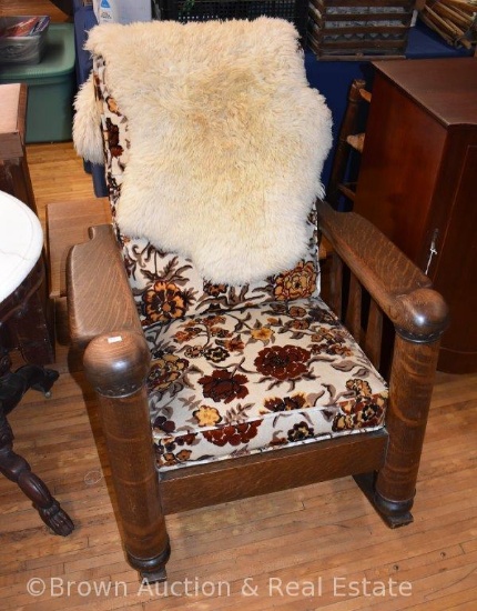 Upholstered rocker/recliner, large pillar front legs/slatted arms