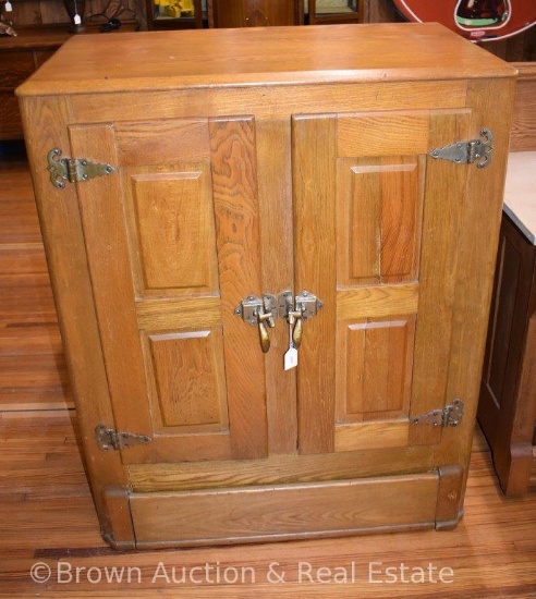 Wooden Oak 2-door ice box, porcelain lined