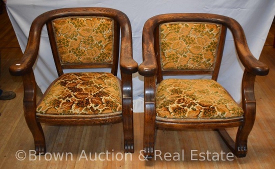 Pr. Oak chairs with matching upholstery, heavy wood frame