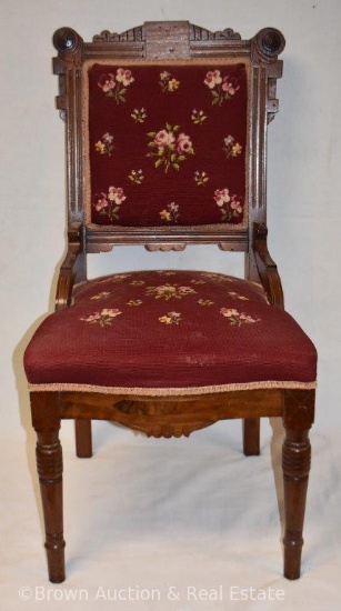 Victorian parlor side chair, needlepoint seat and back