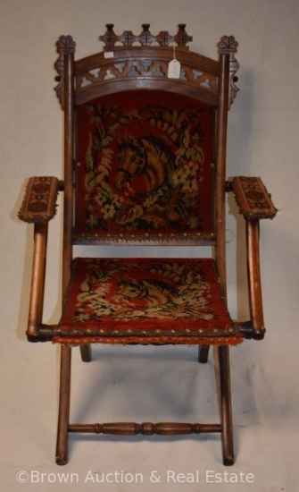 Small size occasional fold-up chair, tapestry back and seat with horse's heads
