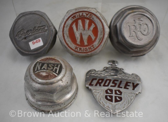 (4) Hubcaps - REO (Oldsmobile), Nash, Overland, Willys Knight and (1) Crosley emblem