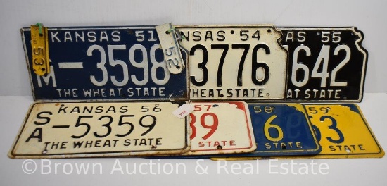 (7) Kansas license plates, 1951, 1954-59 (consecutive years) and 1952 and '53 tab tags