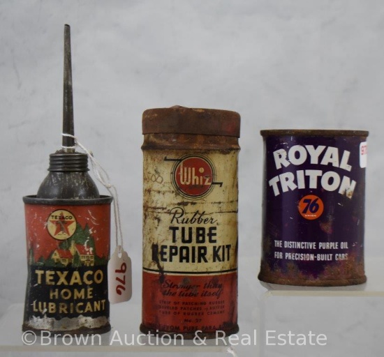(3) Old cans - Texaco Home Lubricant, Royal Triton 76, Whiz rubber tube repair kit