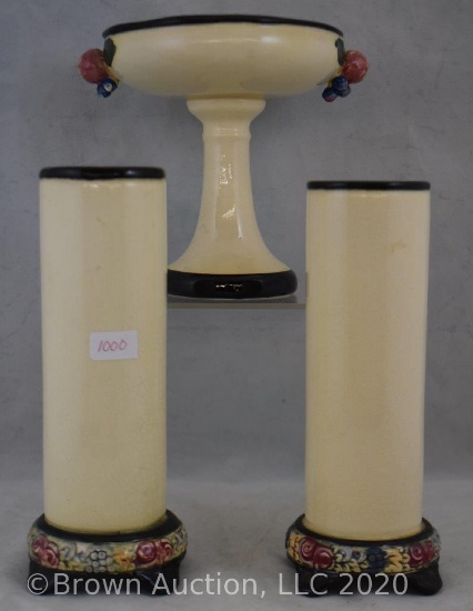 (3) Weller Tivoli pcs: pr. of 7.5" vases; 5.5" compote