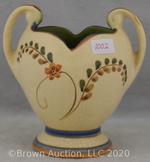 (2) Weller Pottery pieces: Bonito 5" vase with handles; Noval 4" compote