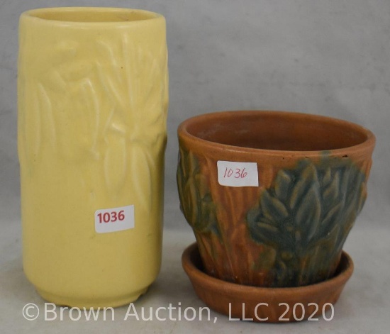 (2) McCoy pieces: 8" yellow cylinder vase with butterfly pattern; small flower pot w/attached saucer