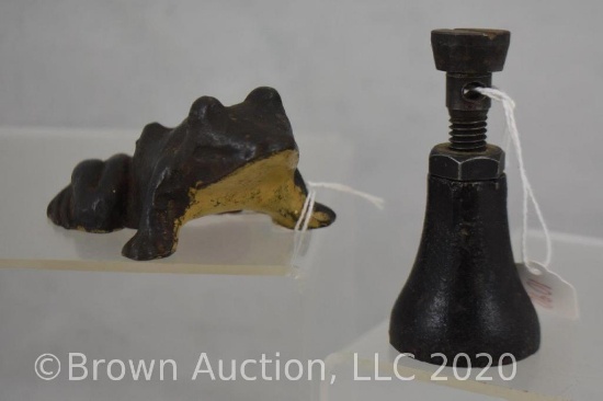 (2) Cast Iron pieces: "Beard Foundry and Machine Works" frog paperweight; SS screw jack