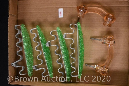 (4) Green Depression glass curtain tie backs and (2) peach Depression drawer pulls