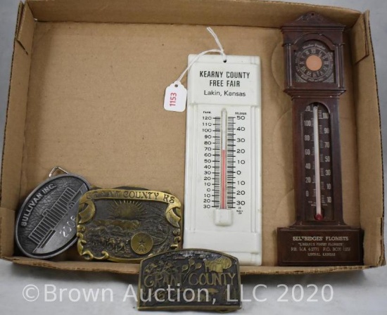 (3) Souv. belt buckles and (2) advertising thermometers