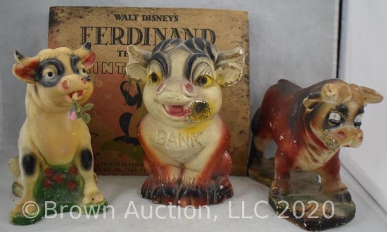 (3) Ferdinand the Bull chalkware carnival prize figurines (1 is bank) and Wat Disney's paint book
