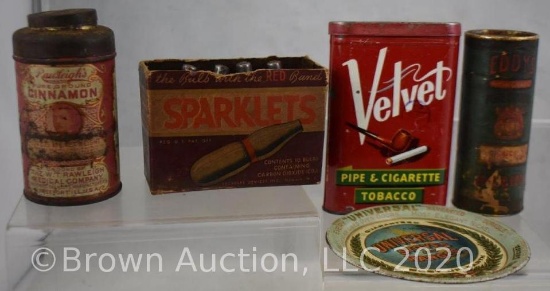 (3) Old tins; Sparklets bulb original box; Universal Stoves and Ranges tip tray