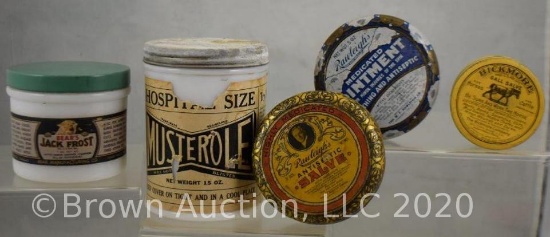 Salve and ointment containers - (3) tin and (2) milk glass with paper labels