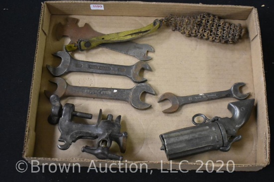 Assorted cast iron tools (wrenches) and corn husker with wire mesh thumb guard