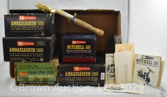 Several Vintage fishing reel empty boxes + fishing literature