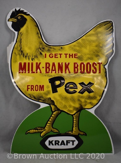 SS metal "Kraft/I get the Milk-Bank Boost from Pex" advertising figural chicken sign