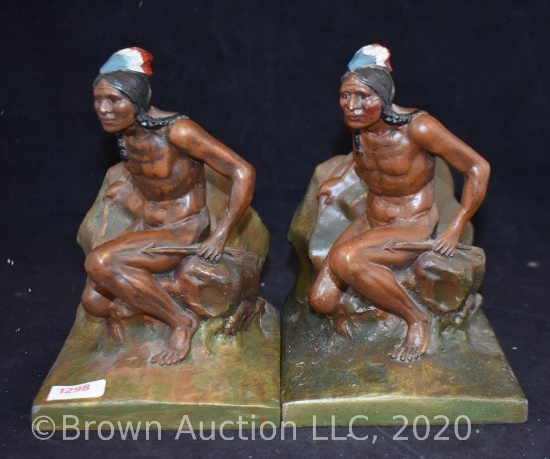Pr. Of Crouching Indian Scout bookends, painted pot metal