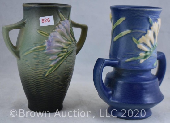 (2) Roseville Freesia vases: 117-6" vase, green; 118-6" vase, blue