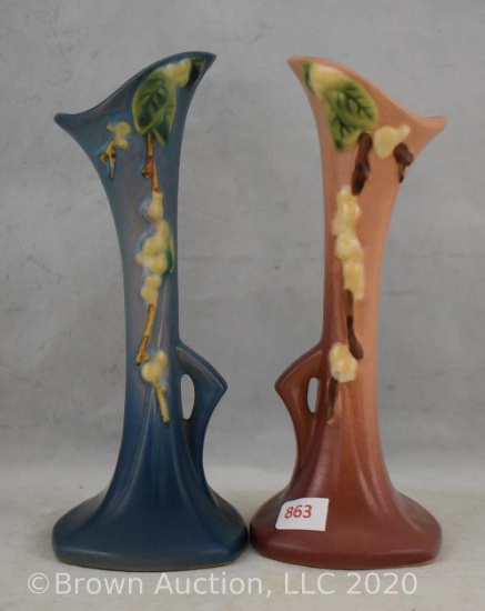 (2) Roseville Snowberry 1BV-7" vases, blue and pink