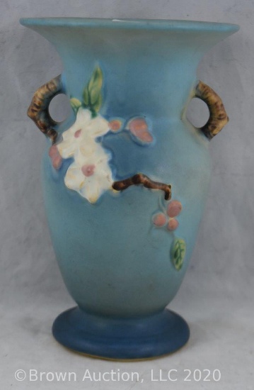 Roseville Apple Blossom 385-8" vase, blue