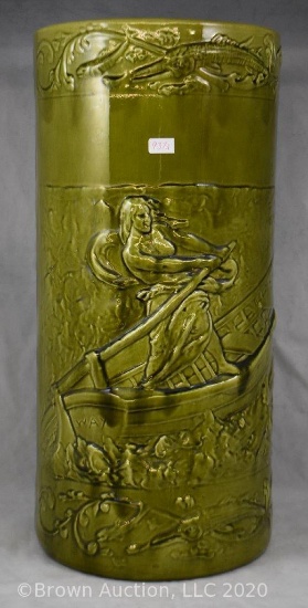 Unm. 20"h green umbrella stand with embossed images of fisherman/boat