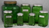 (7) Green Depression kitchen canisters, assorted sizes