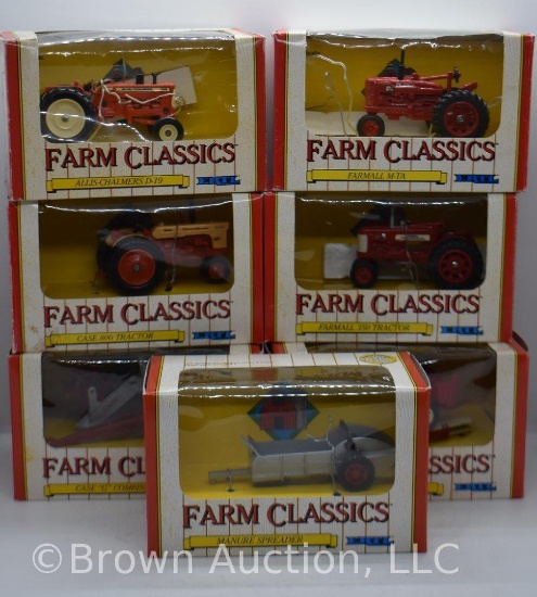 (7) ERTL Farm Classics die-cast Tractors and Implements, all 1:43 scale