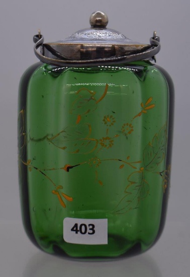 Green Victorian 5"h handled jam/jelly jar