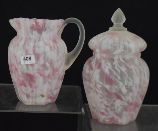 Ribbed pink and white spatter frosted satin glass 5" creamer and cov. sugar