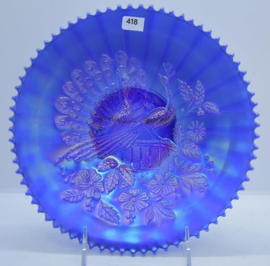 Carnival Peacock on the Fence 9"d plate, cobalt
