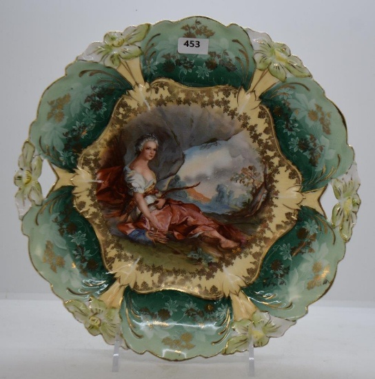 RSP (mrkd. Germany Royal Suhl) Lily Mold 9.5"d cake plate with Diana the Huntress