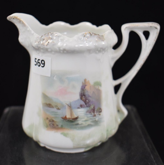 R.S. Prussia Stippled Floral Mold 3.5" creamer, Man in the Mountain