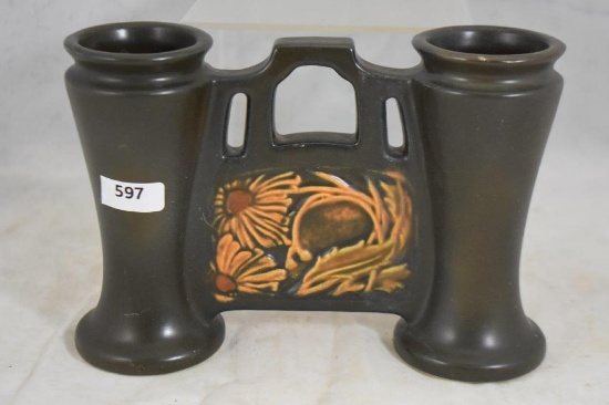 Roseville Rosecraft Panel 6.5" dbl. bud vase, dark brown