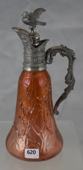 Art Glass 7.5"h iridized salmon ewer with ornate pewter spout/handle and figural bird lid