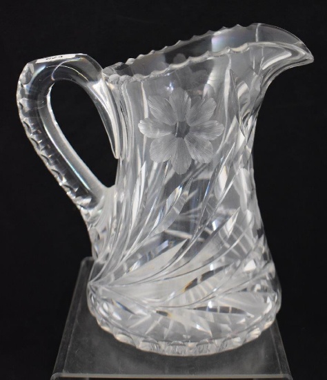 American Brilliant Cut Glass 7.5" water pitcher, Intaglio floral design