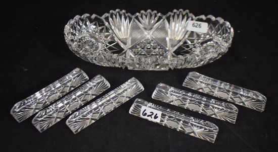 American Brilliant Cut Glass relish dish and (6) knife rests